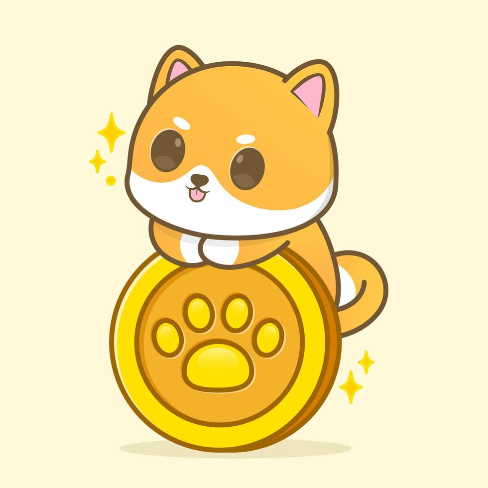 cute chubby puppy hugging a coin illustration vector