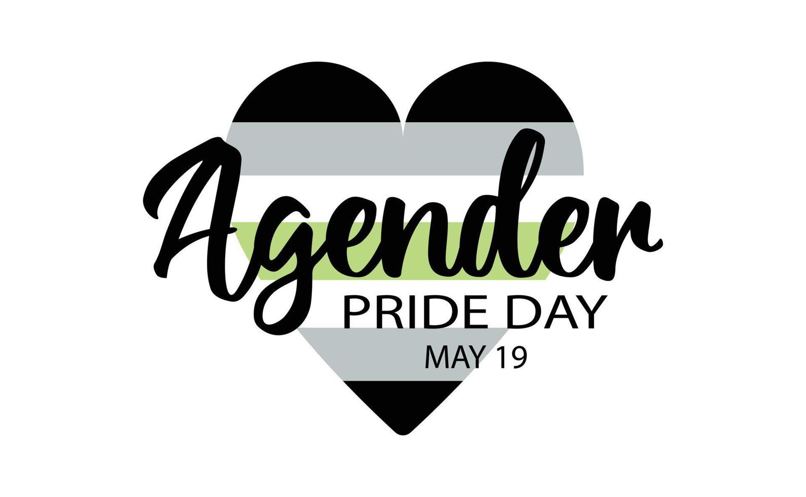 Agender Pride Day on May 19 vector banner with heart in color of Agender Pride Flag horizontal stripes. LGBTQ community gender group symbol