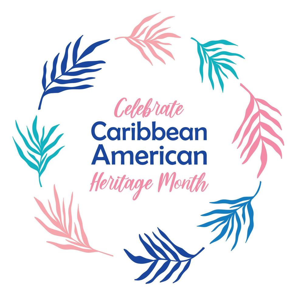 Caribbean American Heritage month - celebration in USA. Bright colorful summer banner template design, round frame with palm leaves foliage silhouette vector