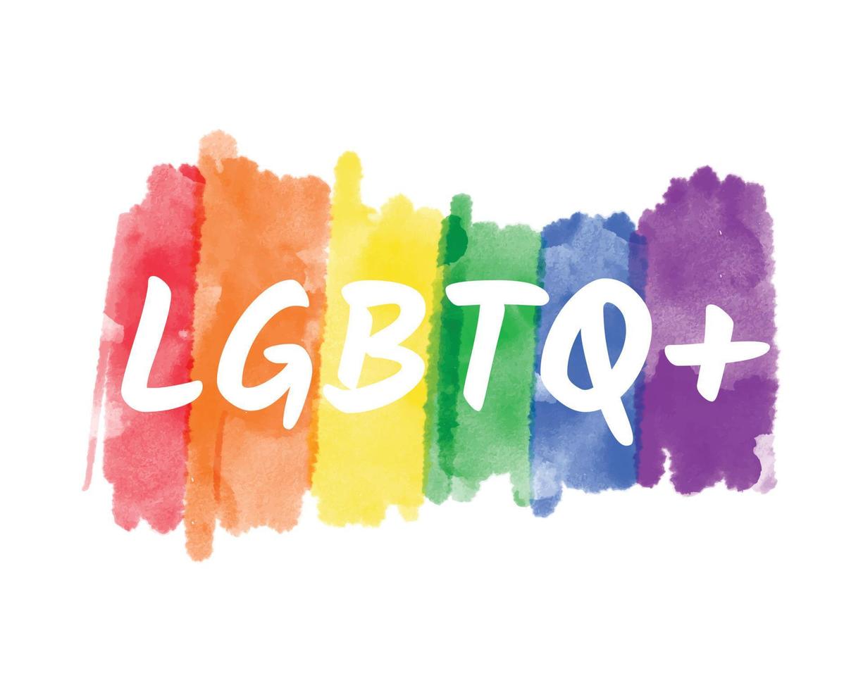 LGBTQ logo lettering text on vector rainbow watercolor paint textured, colorful stripes. Artistic watercolor hand drawn paint brush horizontal background template for Pride Month.