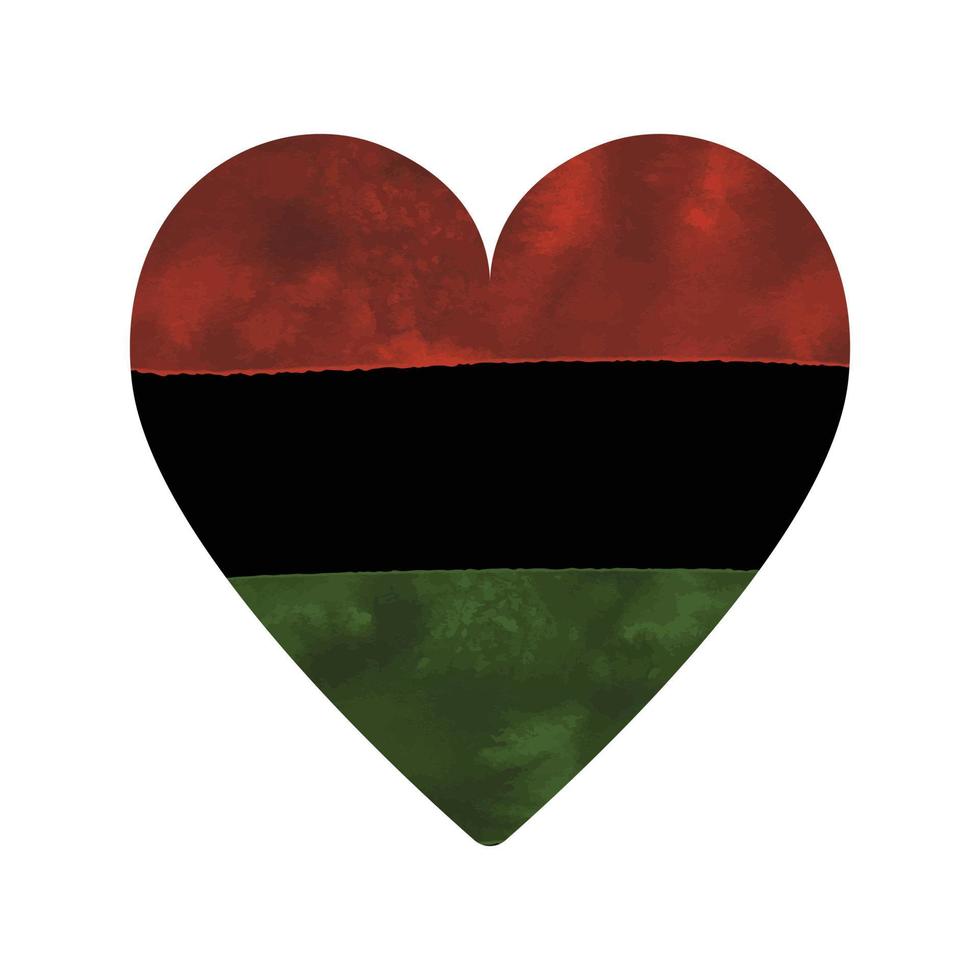 Watercolor textured heart shape in color of Juneteenth pan african flag - red, black, green stripes. Vector illustration isolated on white background. Design element,  Juneteenth, Black History Month.
