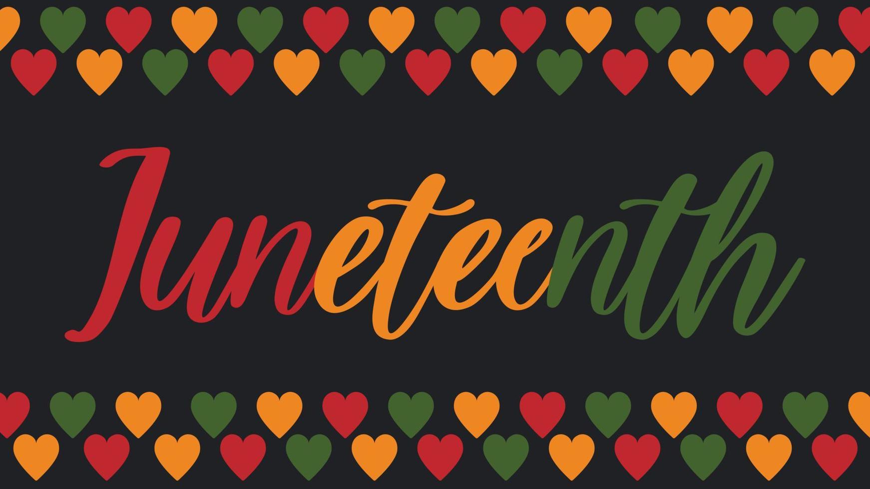 Vector banner Juneteenth - celebration ending of slavery in USA, African American Emancipation Freedom Day. Pattern with hearts in African colors - red, green, yellow on black background