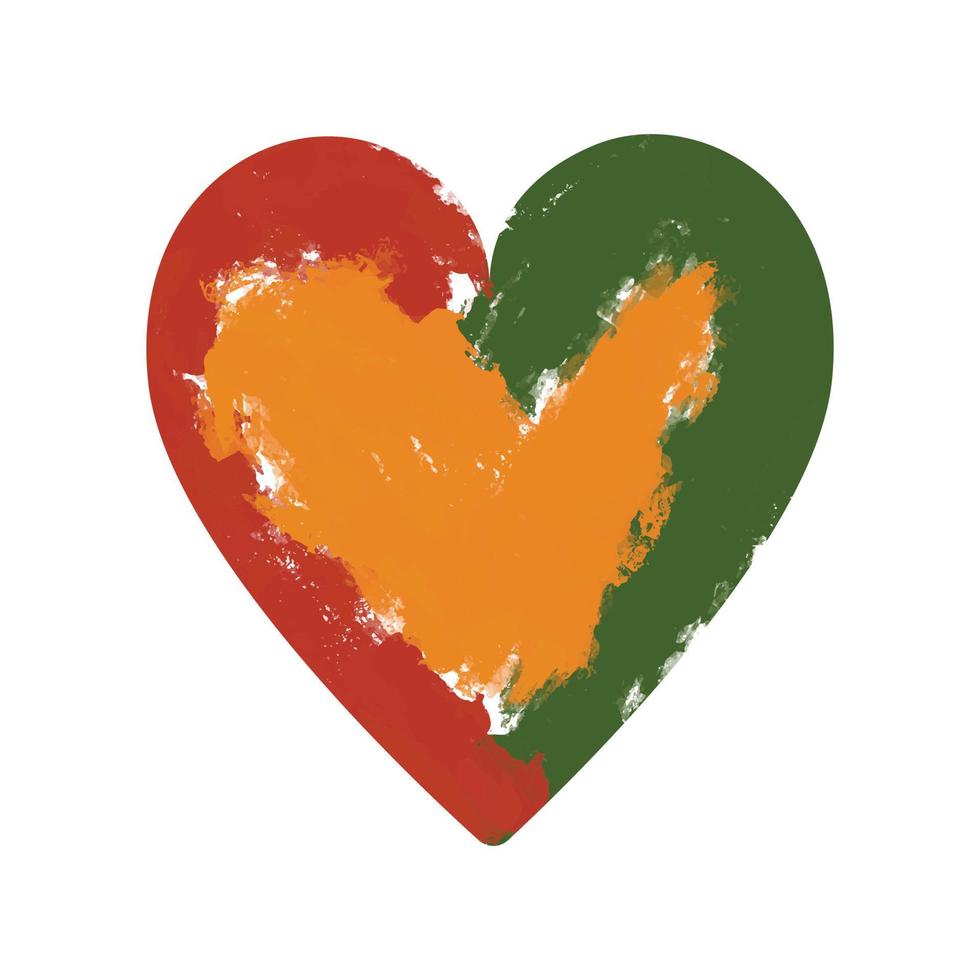 Heart shape African colors - red, yellow, green with vector grunge paint brush texture. Artistic design element for Juneteenth, Black History Month, Kwanzaa celebration. T shirt print