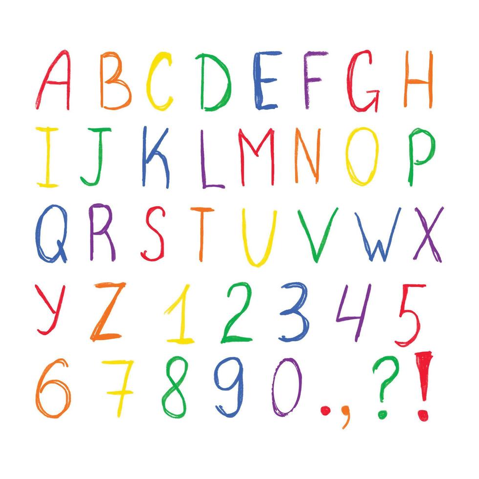 crayón, fuente del alfabeto de lápiz de color. Letras, números y símbolos del alfabeto de colores brillantes del arco iris. abc con textura de tiza vectorial aislado. estilo simple de escritura a mano para niños. vector