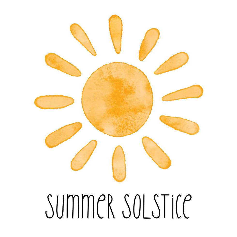 icono de sol de vector simple con textura de acuarela. ilustración vectorial, tarjeta de saludo para el solsticio de verano, día más largo del año