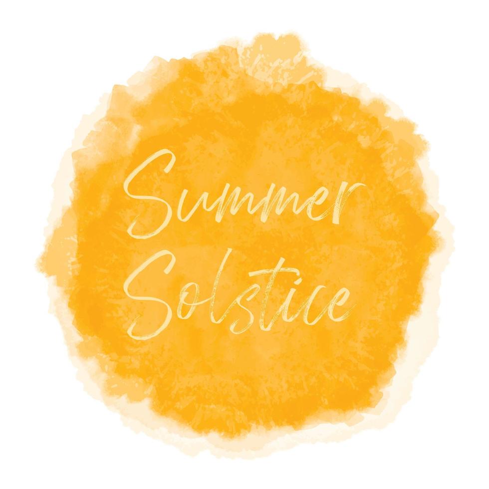 solsticio de verano 21 de junio. día más largo del año. ilustración vectorial con punto de sol de puesta de sol amarillo con textura de acuarela, fondo de cielo amarillo naranja. banner, póster, plantilla de diseño de tarjeta de felicitación. vector