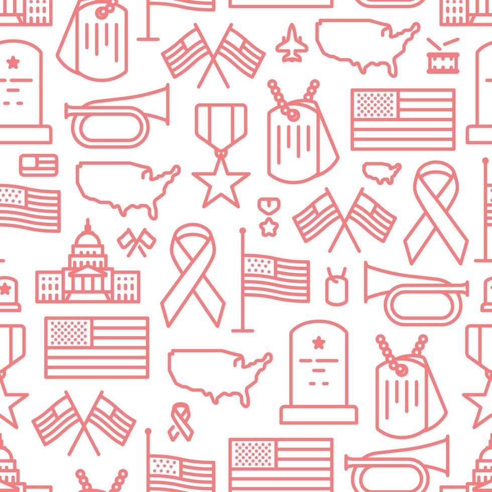 Veterans day and Memorial day seamless pattern of red line icons on transparent background vector