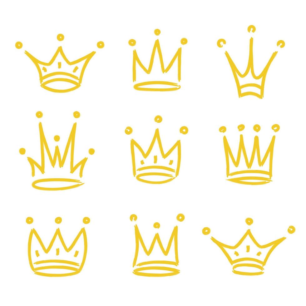 Gold crown icon set hand drawn style vector