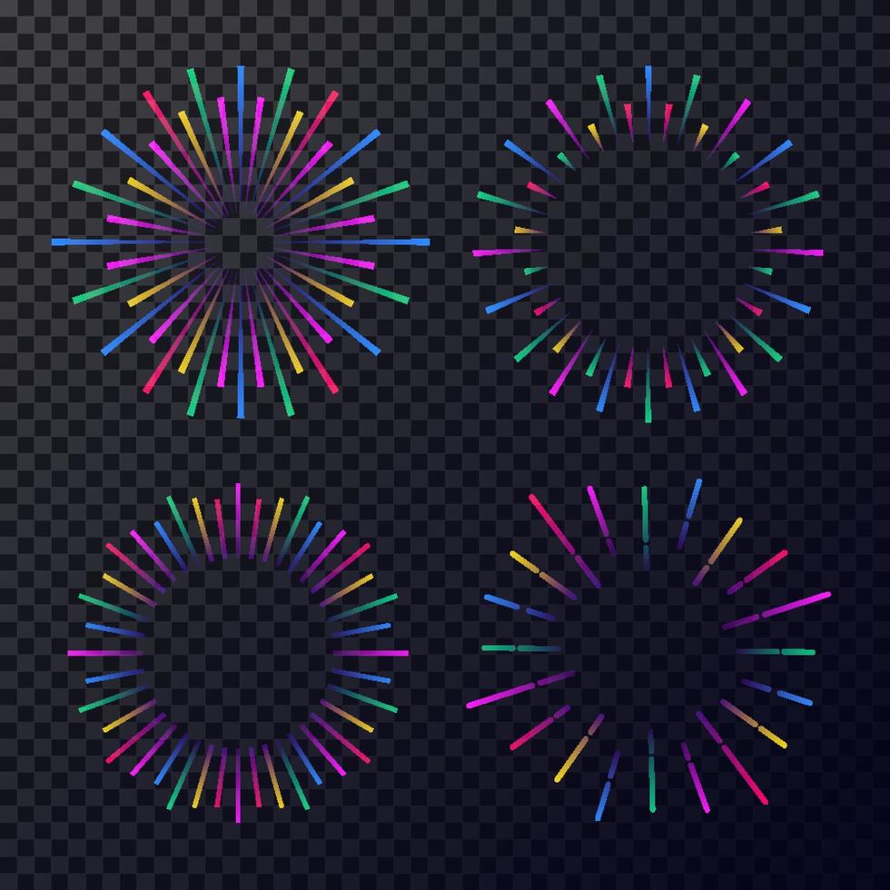 conjunto de fuegos artificiales de neón vectorial aislado sobre fondo transparente oscuro vector