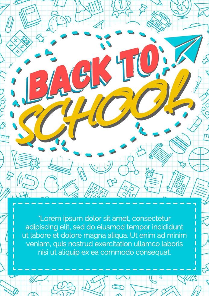 Back to school card with color label consisting of icon paper plane on background. vector