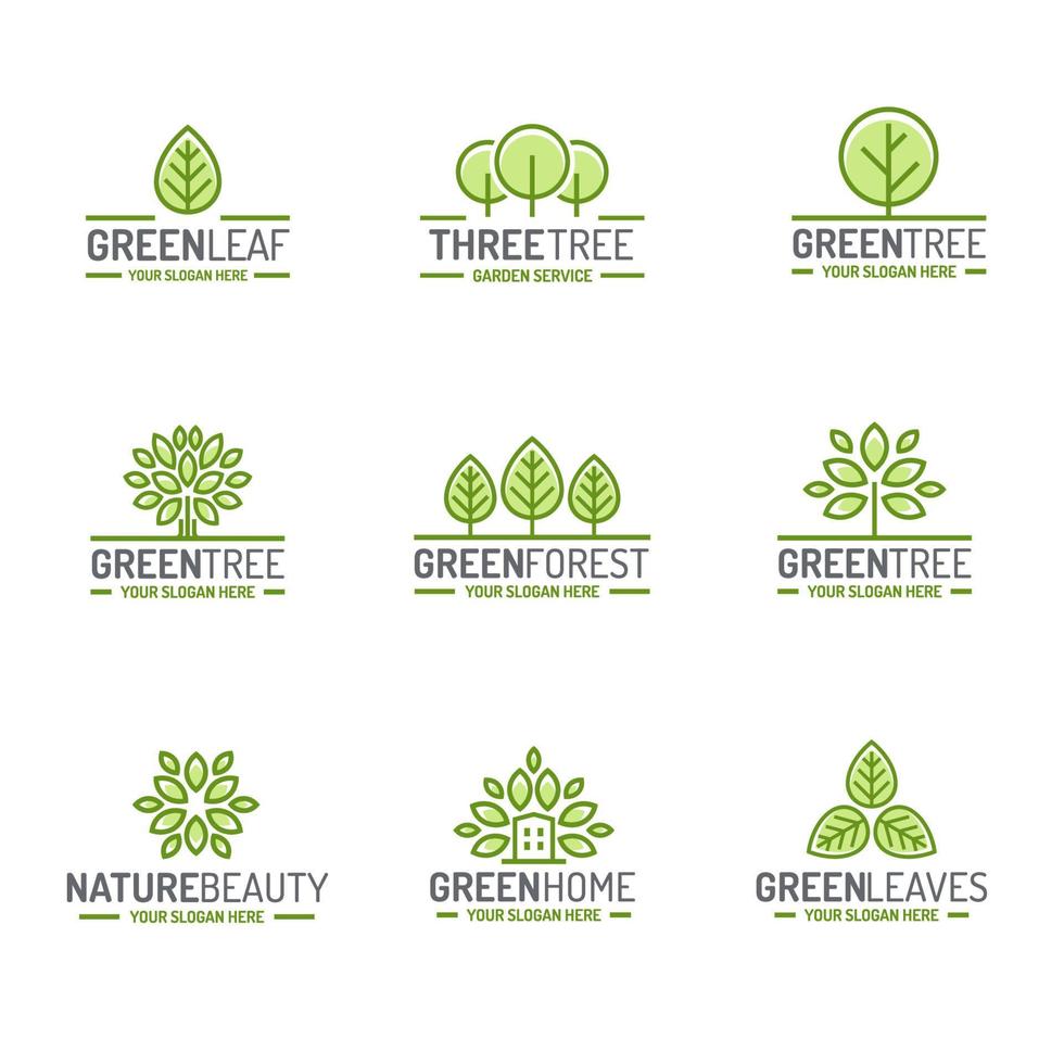 Tree and leaves logo set green color flat style for organic shop vector