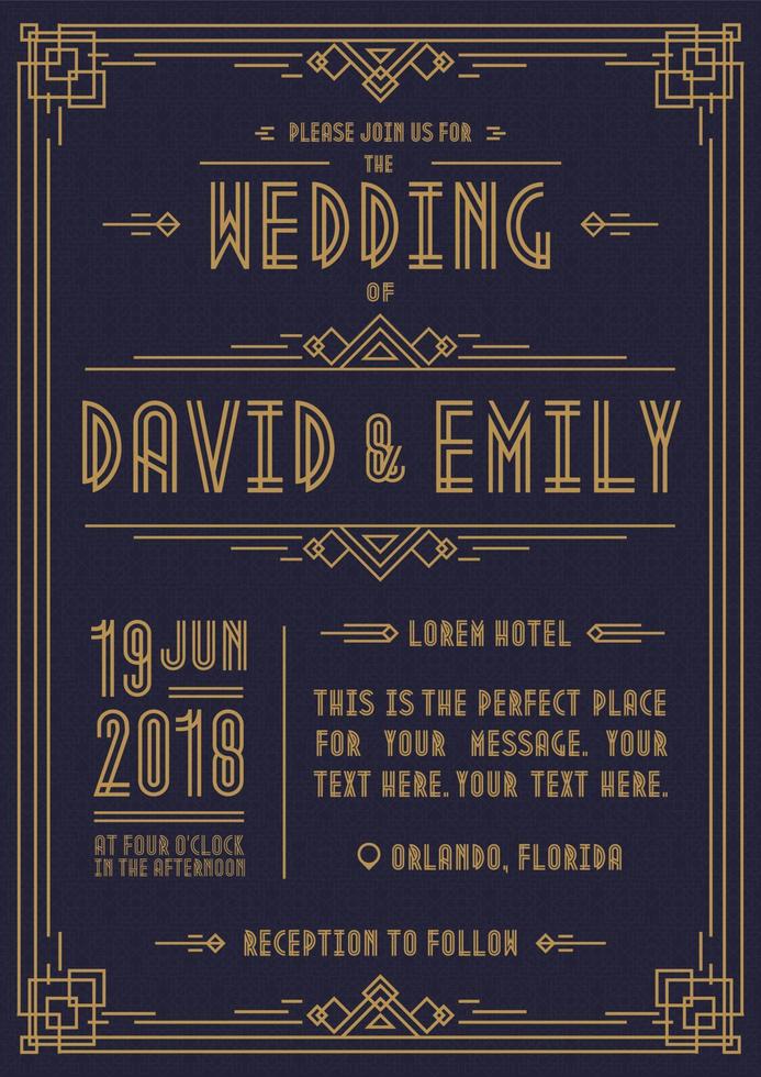 tarjeta de invitación de boda estilo art deco color dorado sobre fondo cian con marco vector
