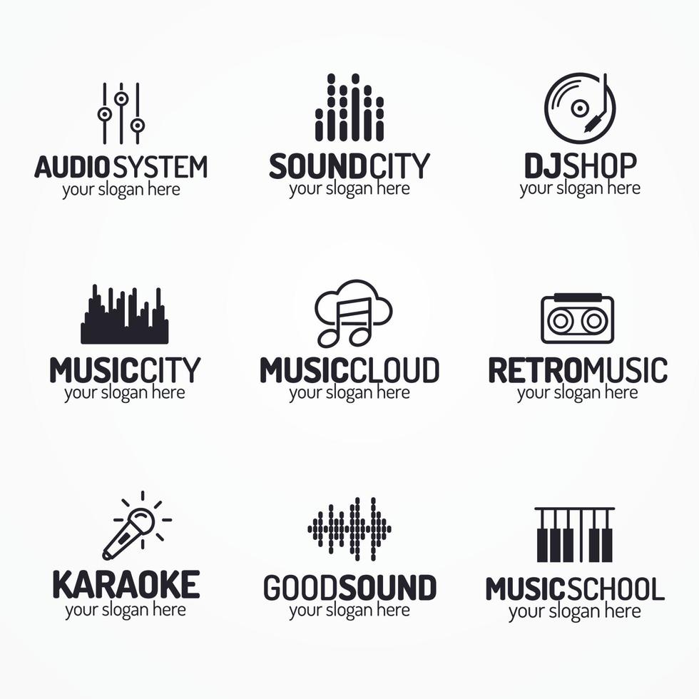 Music shop logo set with different icons black color style vector