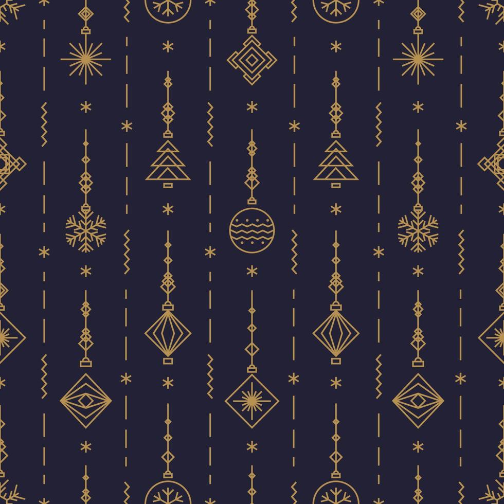 patrón navideño con juguete de año nuevo - bola, copo de nieve, estilo de línea art deco de árbol en negro vector