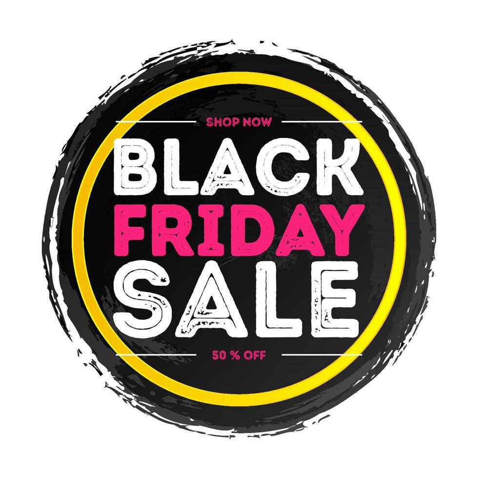 Black friday banner color style on black watercolor circle shape and yellow frame vector