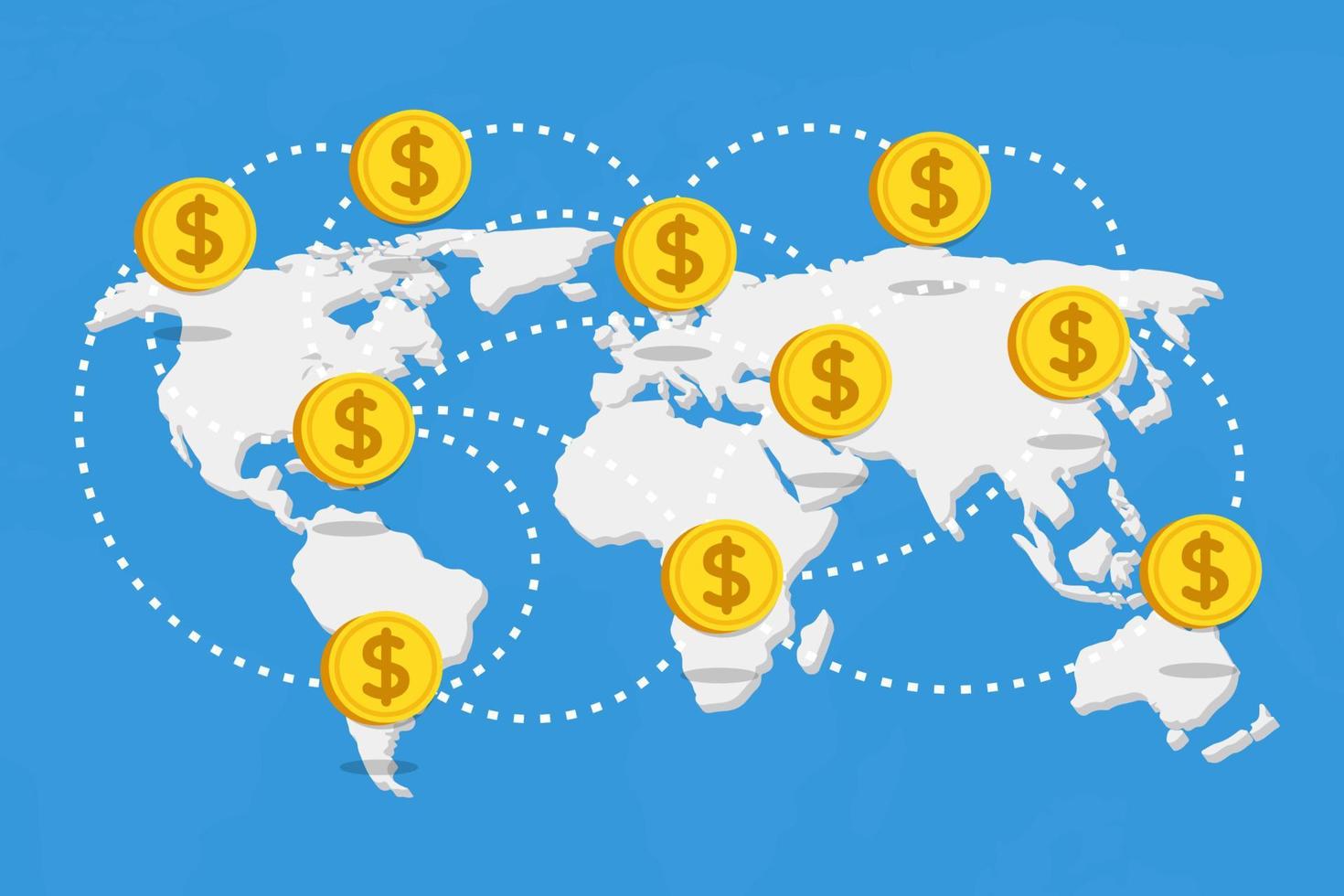 dinero del mapa mundial sobre fondo azul dólar. sistema bancario vector