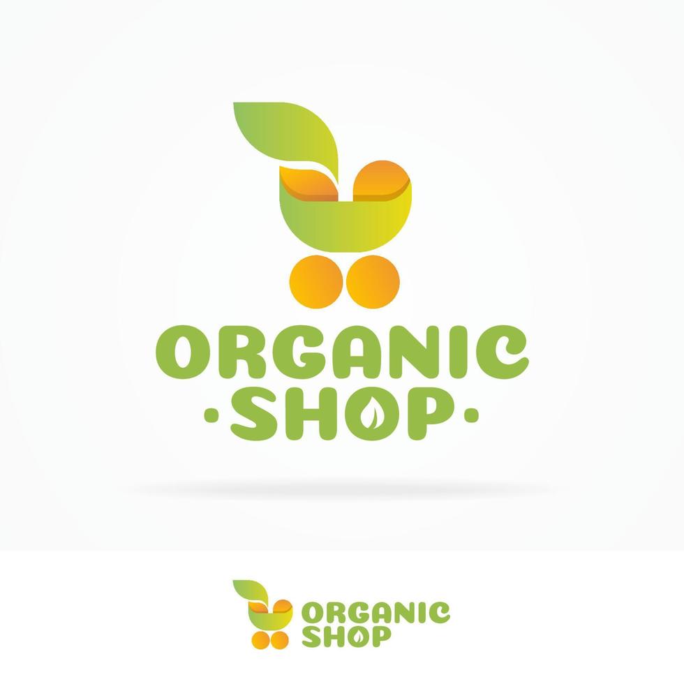 conjunto de logotipos de tiendas orgánicas que consisten en carrito de compras y hoja de color verde amarillo vector