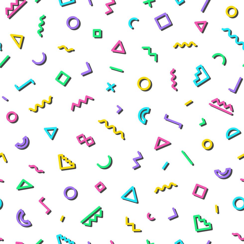 Memphis seamless pattern on white background with shadows. Vector Illusration