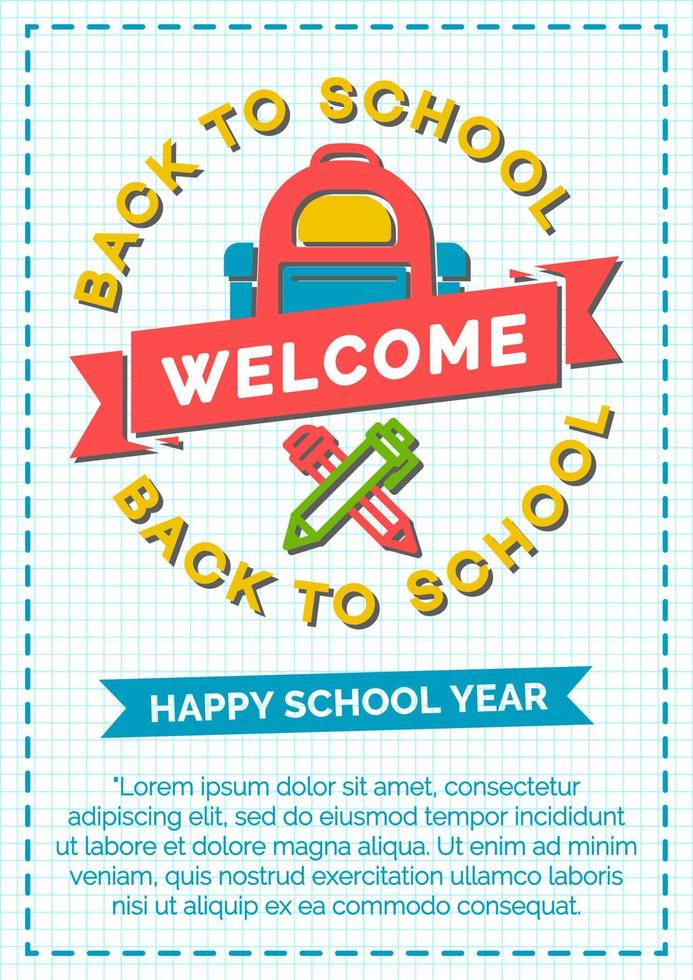 Back to school card with color emblem consisting of school backpack, pen and pencil vector
