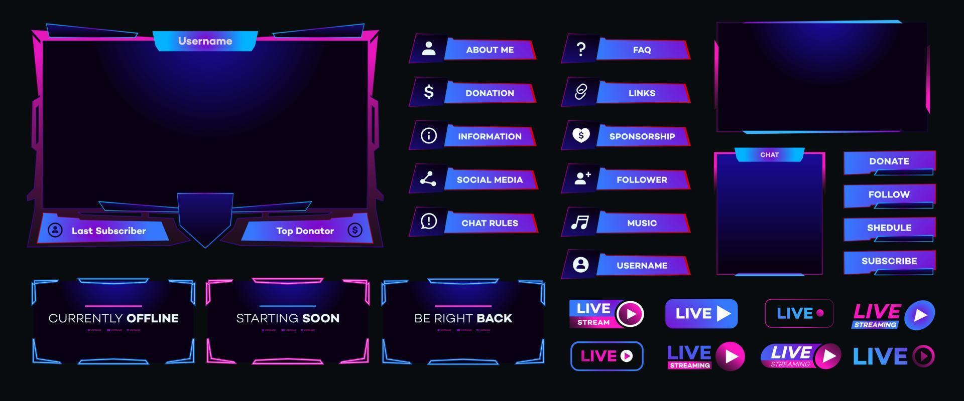 Streaming screen panel overlay design template neon theme vector