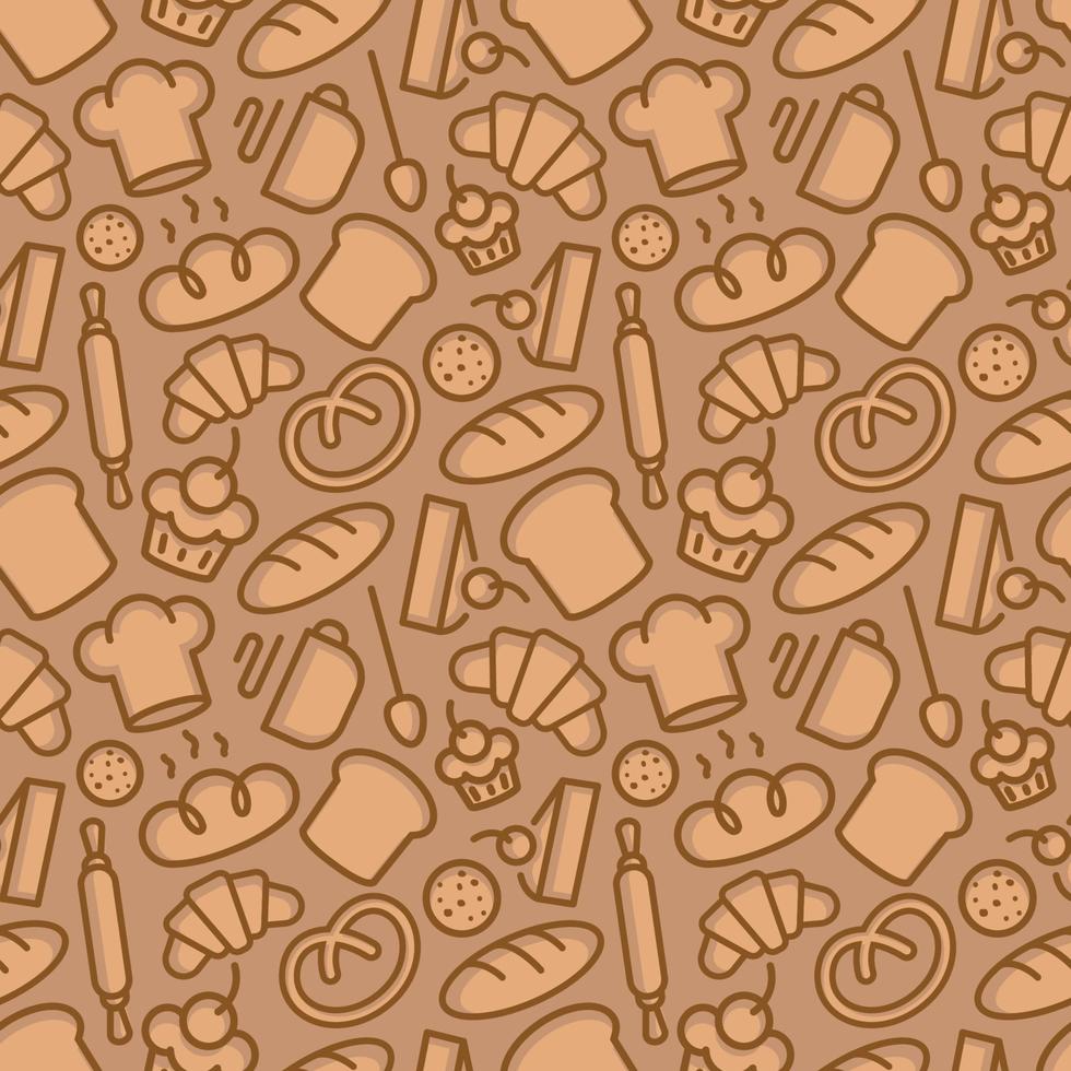 Bakery seamless pattern consisting of food and baking accessories line style brown color vector