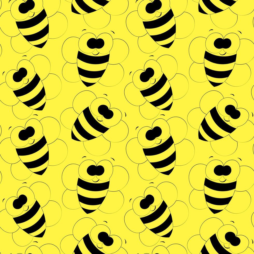 Seamless vector pattern with outline cute cartoon bee