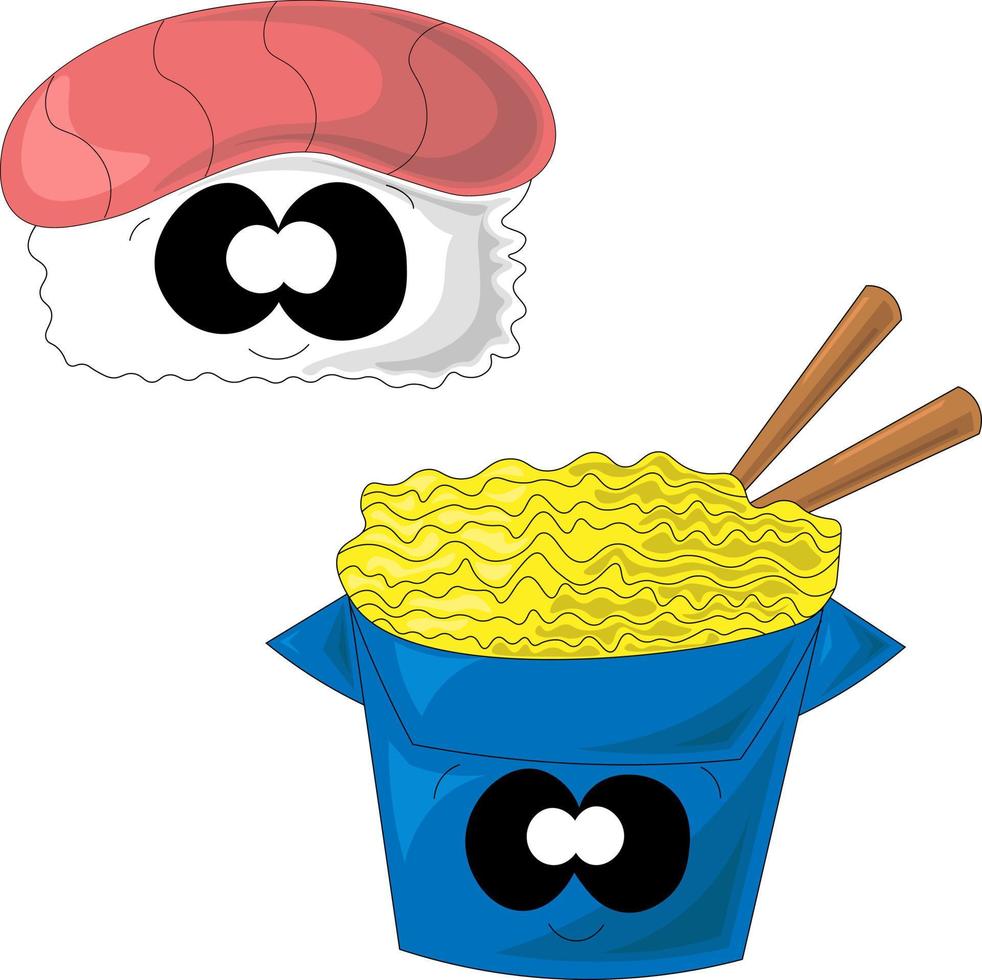 Sushi and Chinese noodles in cartoon style vector