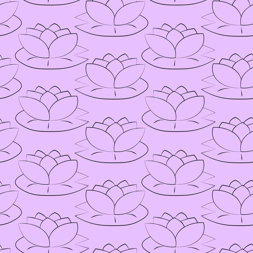 Seamless vector pattern with outline purple waterlily