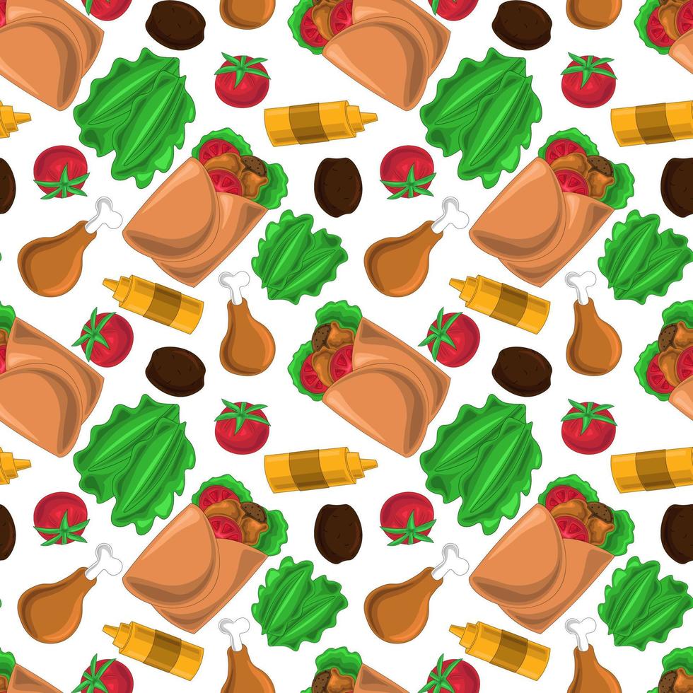 Seamless vector pattern with Shawarma and ingredients