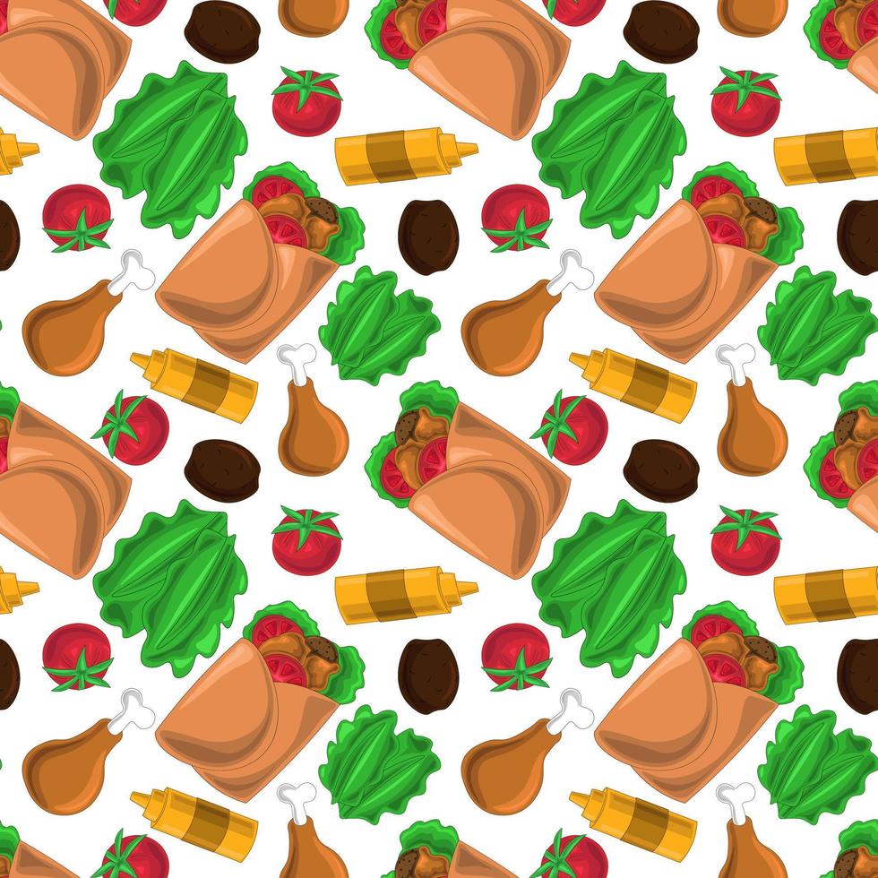 Seamless vector pattern with Shawarma and ingredients