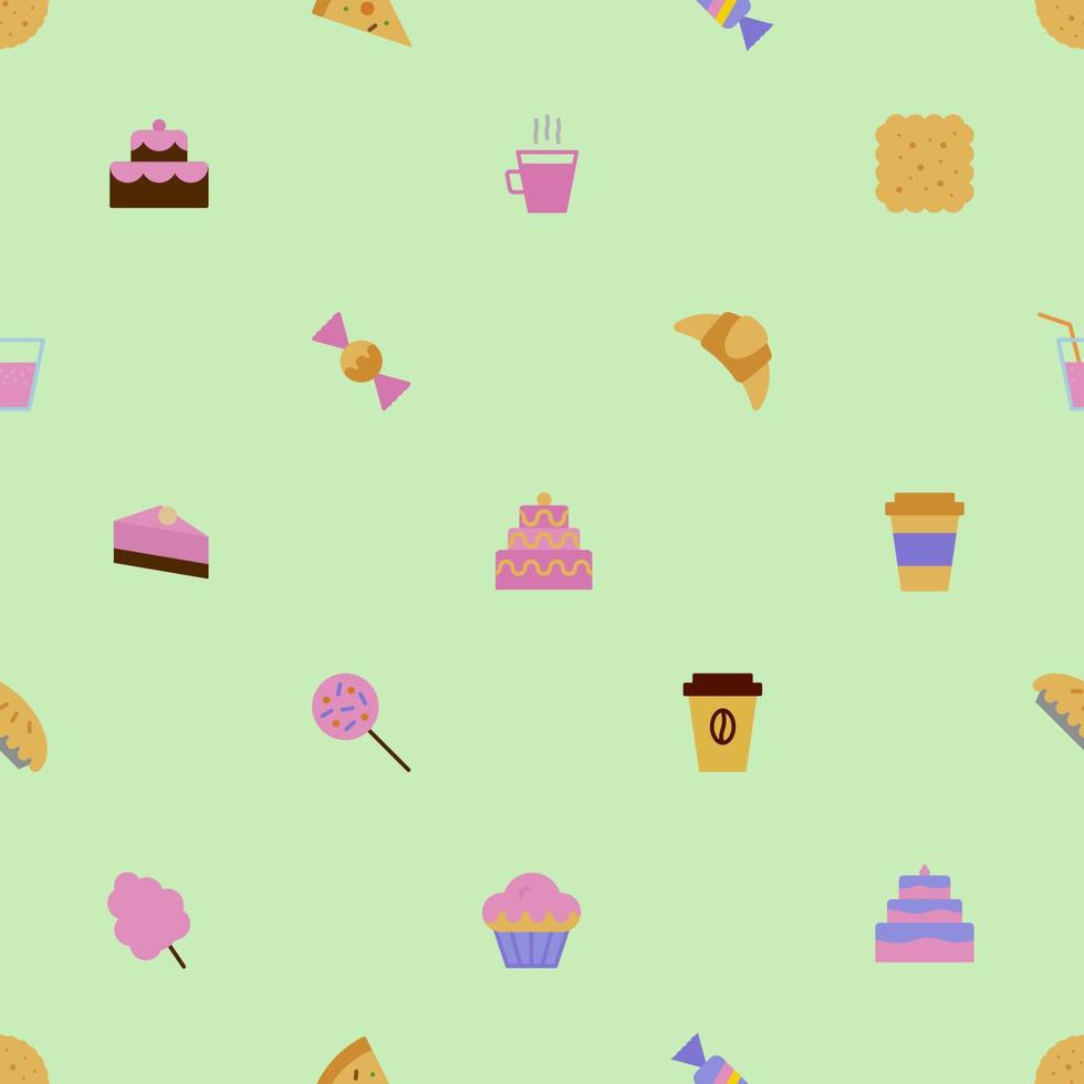 dulce, patrón, con, postre, iconos, colorido, estilo, en, fondo verde vector