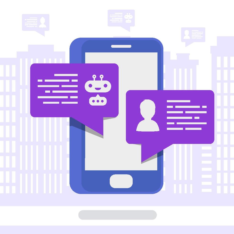 Vector chat bot concept isometric style modern color with mobile on city background