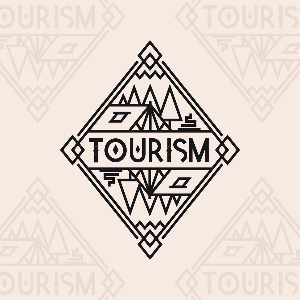 Tourism logo consisting of tent, campfire and trees line style for camping logotype, travel badge vector