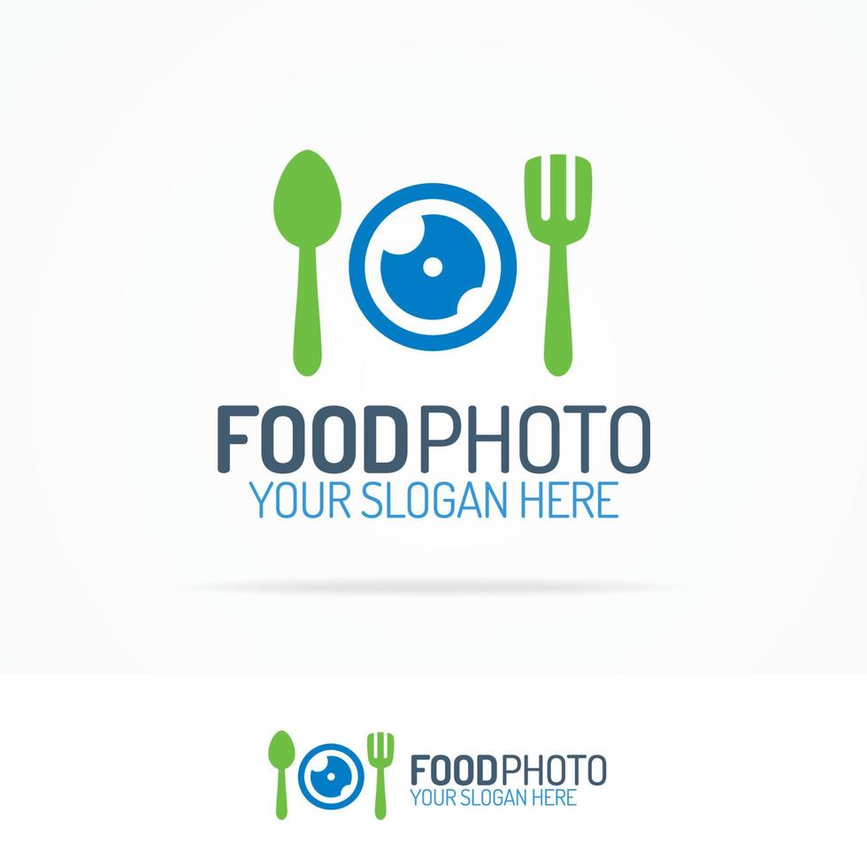 logo de foto de comida con lente, tenedor y cuchara vector