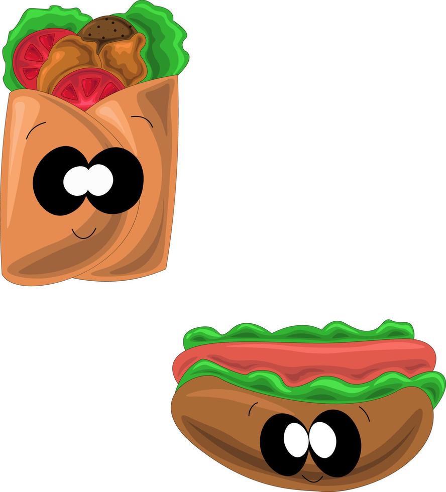 The Doner kebab and hot dog in cartoon style vector