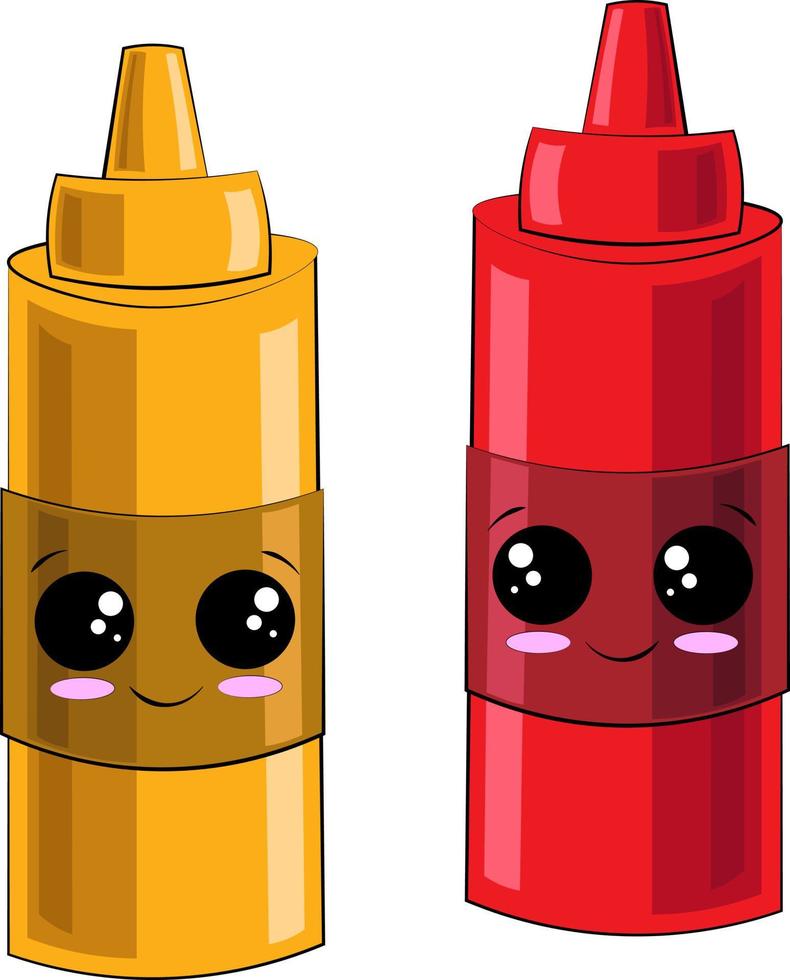 Cute cartoon ketchup and mustard. Draw illustration in color vector