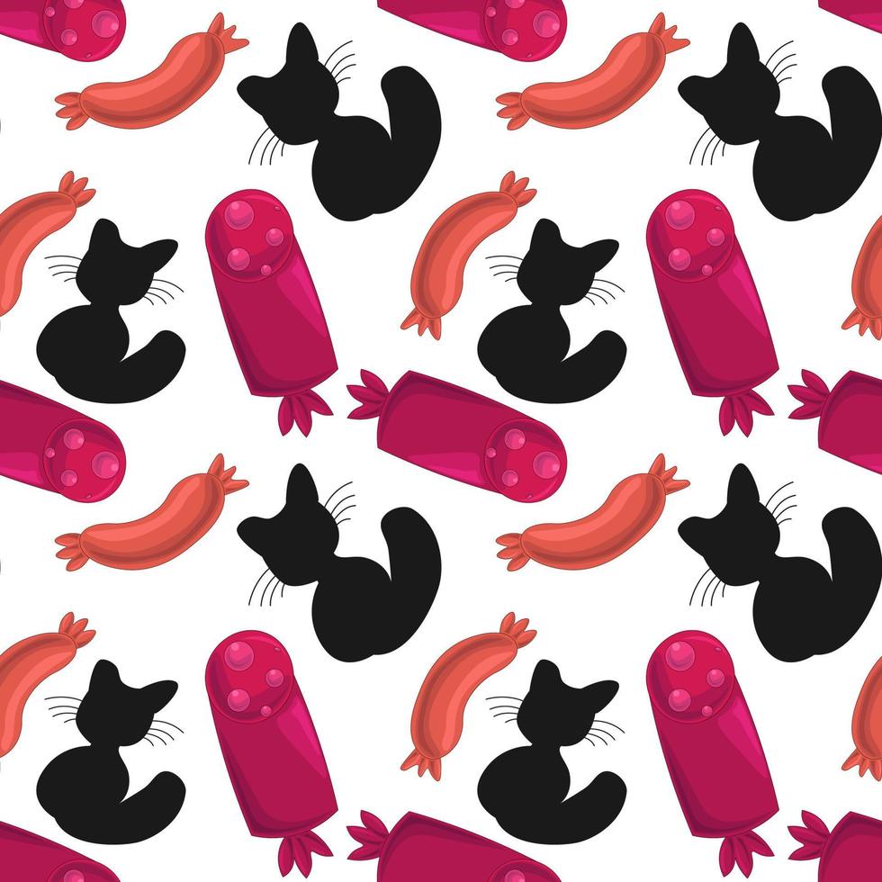 Seamless pattern with cat and tasty sausage vector