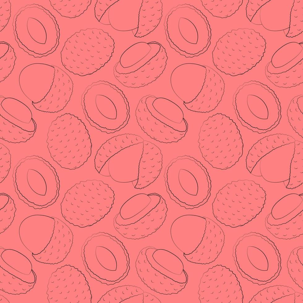 Seamless vector pattern with outline exotic pink lychees