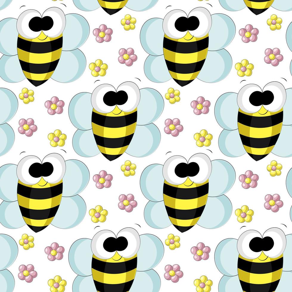Seamless vector pattern with cute cartoon bee and flower