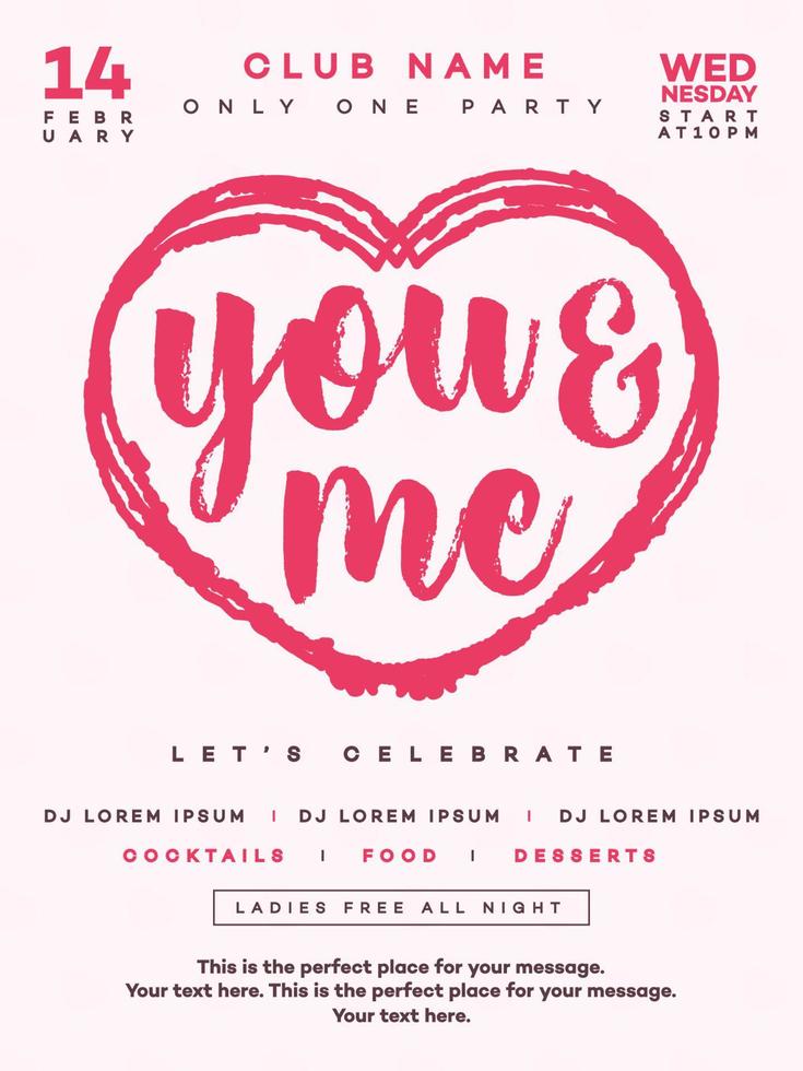 Valentines day poster party with sign you and me, symbol heart on white cute background vector