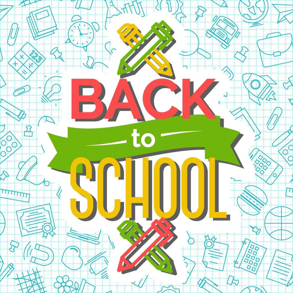 Back to school card with pen and pencil on seamless pattern of school supplies vector