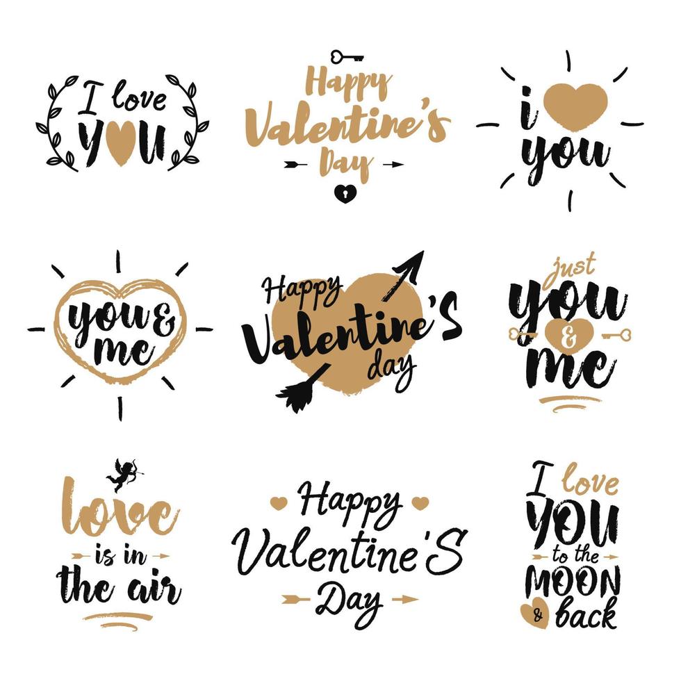 Happy Valentine's day label set with lovely lettering typography congratulations gold style isolated on white background for use greeting card, stamps, posters and romantic quote. Vector Illustration