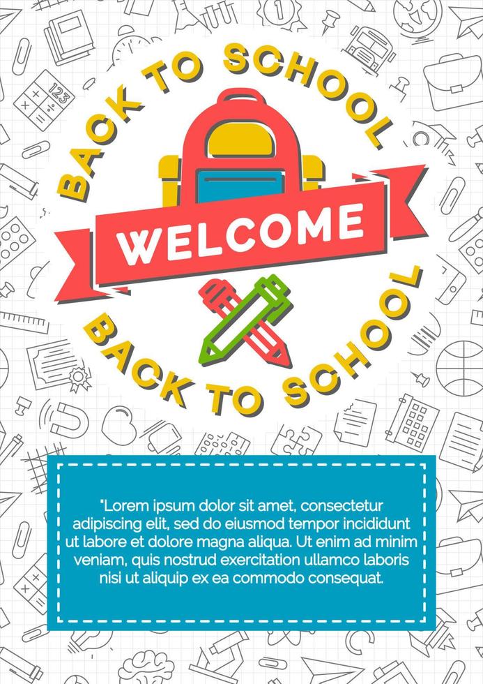 Back to school card with color school backpack, pen and pencil vector