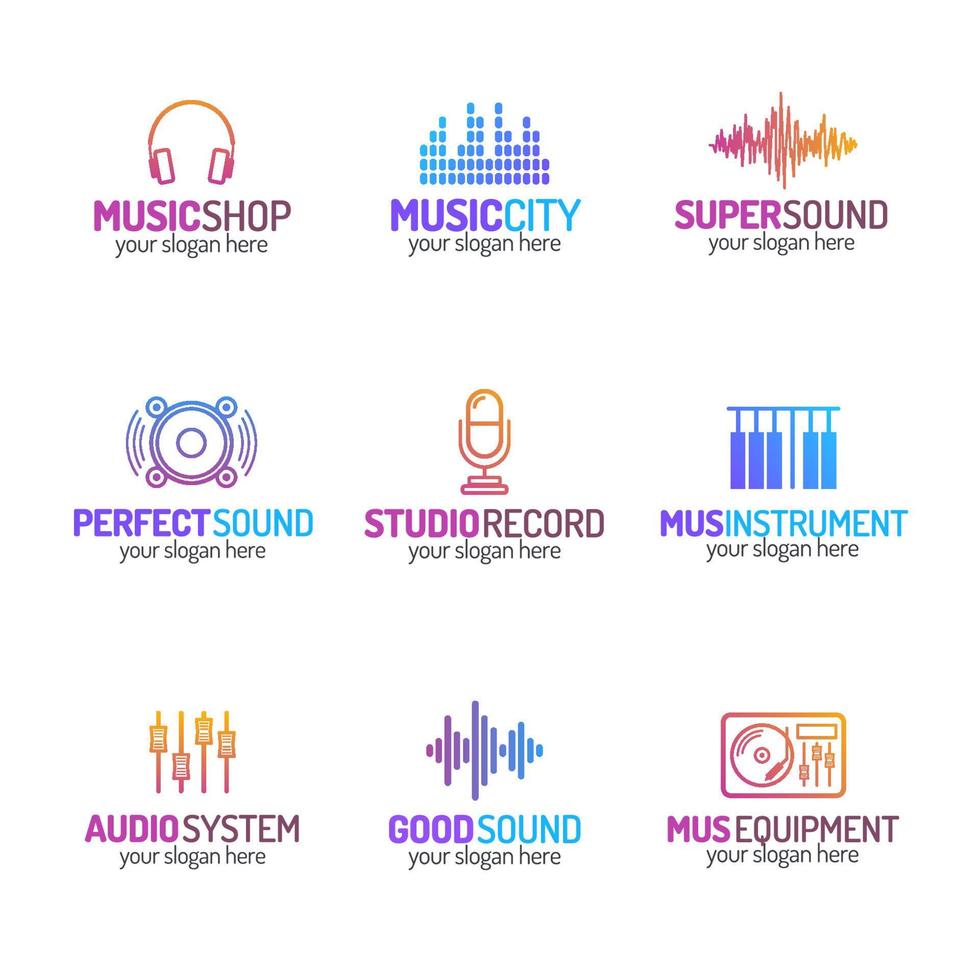 Music shop logo set with different icons color modern style vector