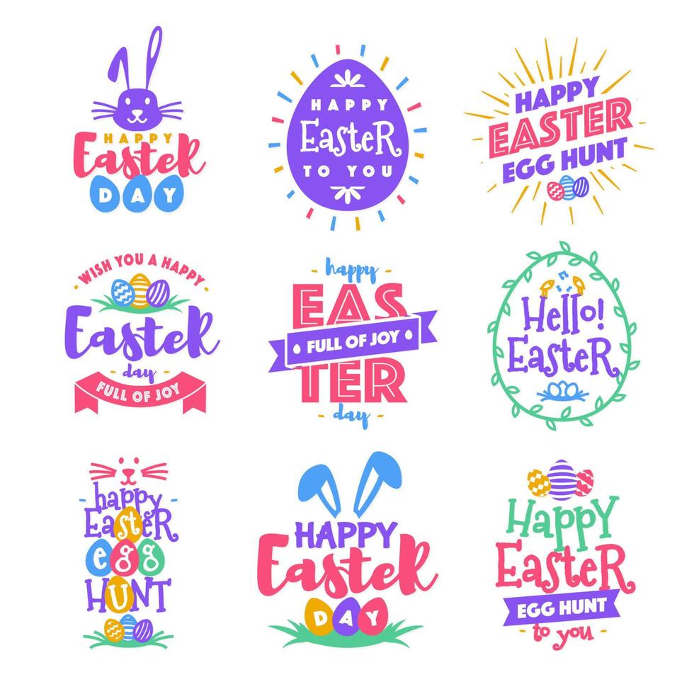 vector feliz día de pascua emblema conjunto colorido estilo de tipografía