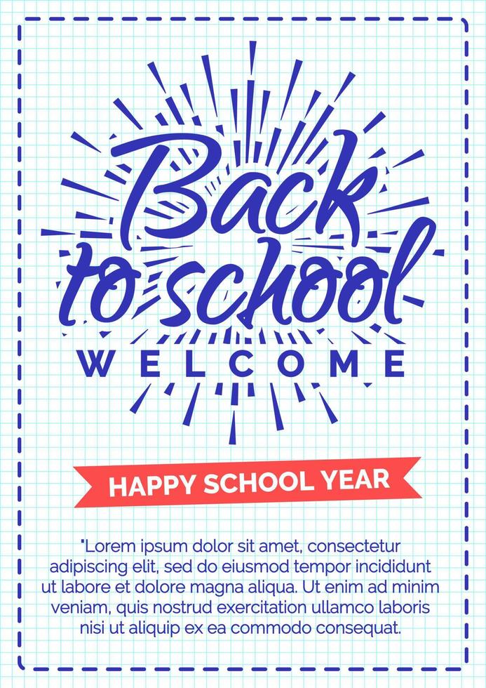 Back to school card with cyan color emblem consisting of sunburst and sign welcome vector