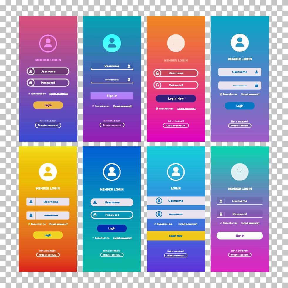 Vector login form page set isolated on transparent background