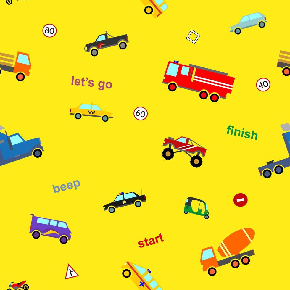 niños auto coche colorido dibujos animados de patrones sin fisuras sobre fondo amarillo vector