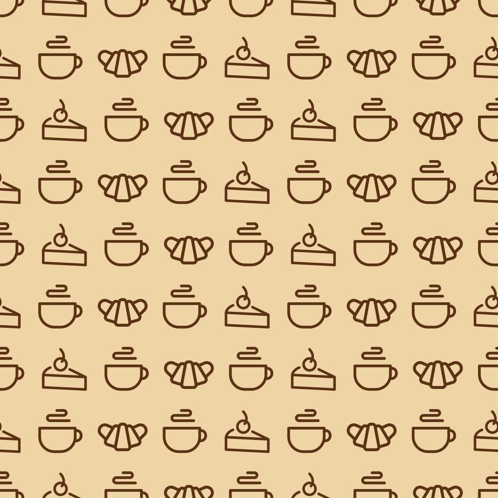 Sweets seamless pattern consisting of croissant, cup of tea, cake for bakery shop, cafe vector