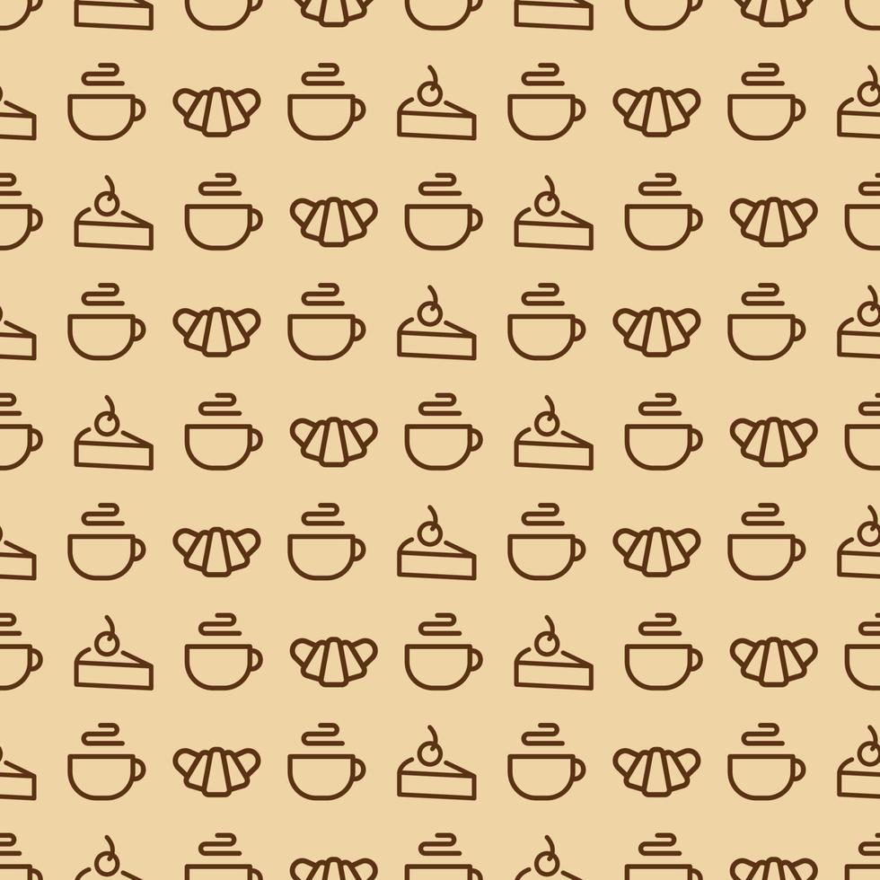 Sweets seamless pattern consisting of croissant, cup of tea, cake for bakery shop, cafe vector